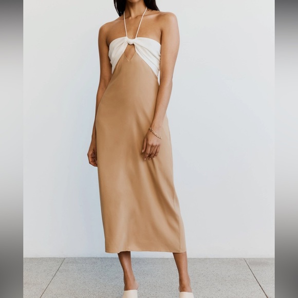 LETS SPLIT SLIP DRESS | OFF WHITE AND TAN | SIZE 6 / M - Picture 2 of 6